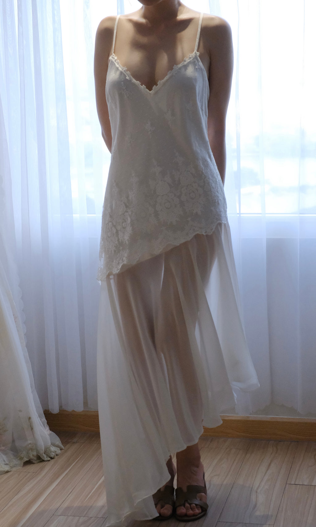 Vintage Delicates Ivory Lace Chiffon Slip Dress Late 90s - Early 2000s (Y2K) ( Large)