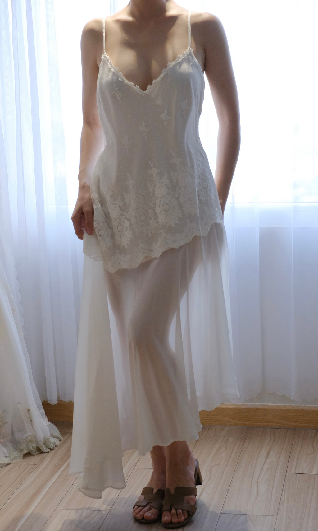 Vintage Delicates Ivory Lace Chiffon Slip Dress Late 90s - Early 2000s (Y2K) ( Large)