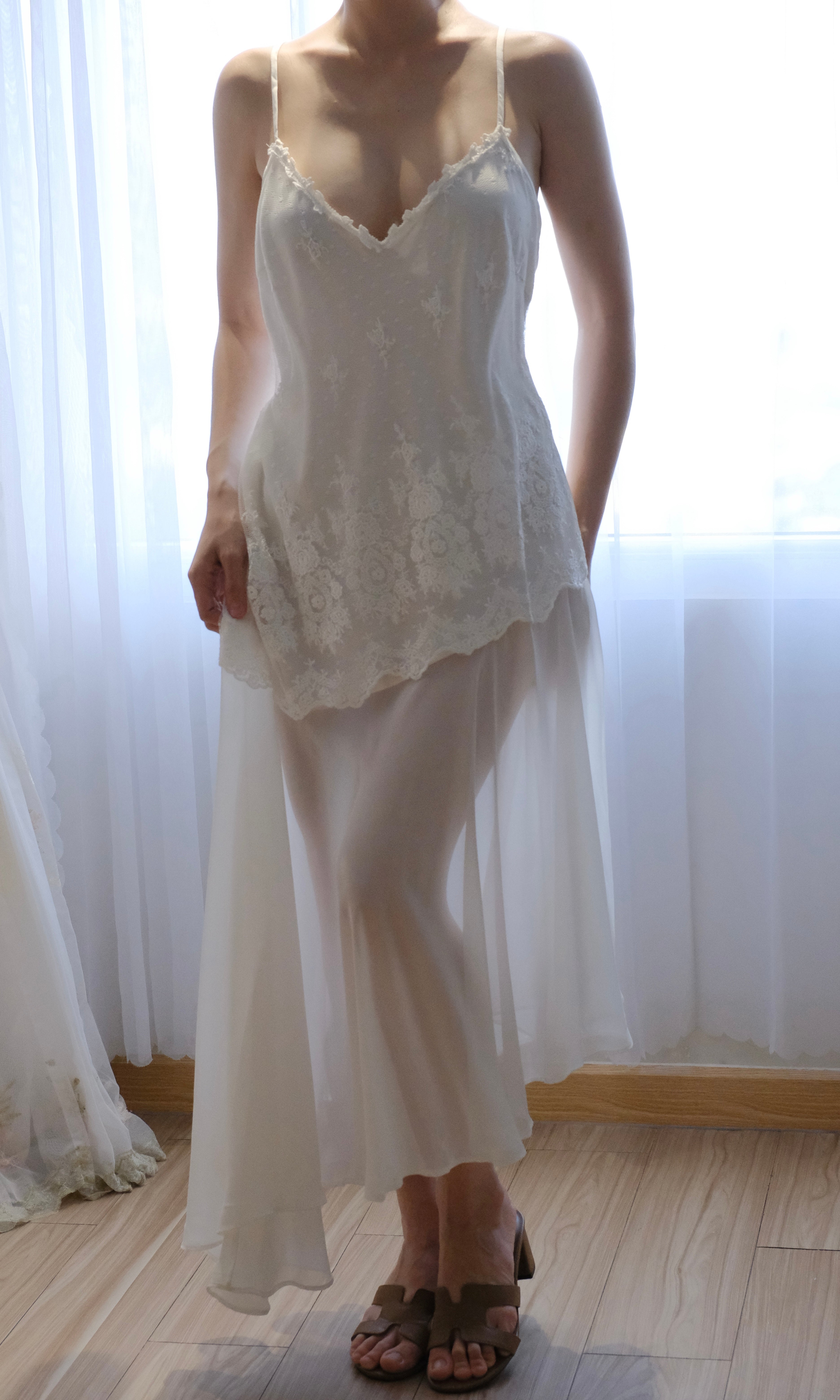 Vintage Delicates Ivory Lace Chiffon Slip Dress Late 90s - Early 2000s (Y2K) ( Large)