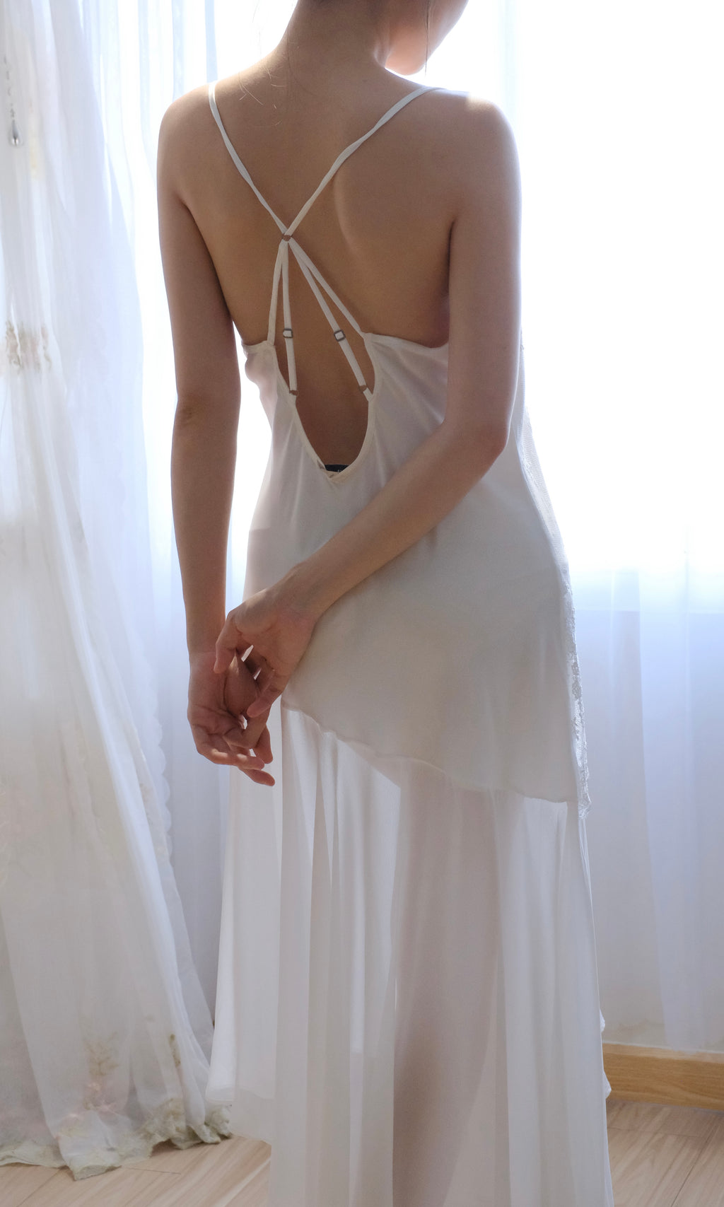 Vintage Delicates Ivory Lace Chiffon Slip Dress Late 90s - Early 2000s (Y2K) ( Large)