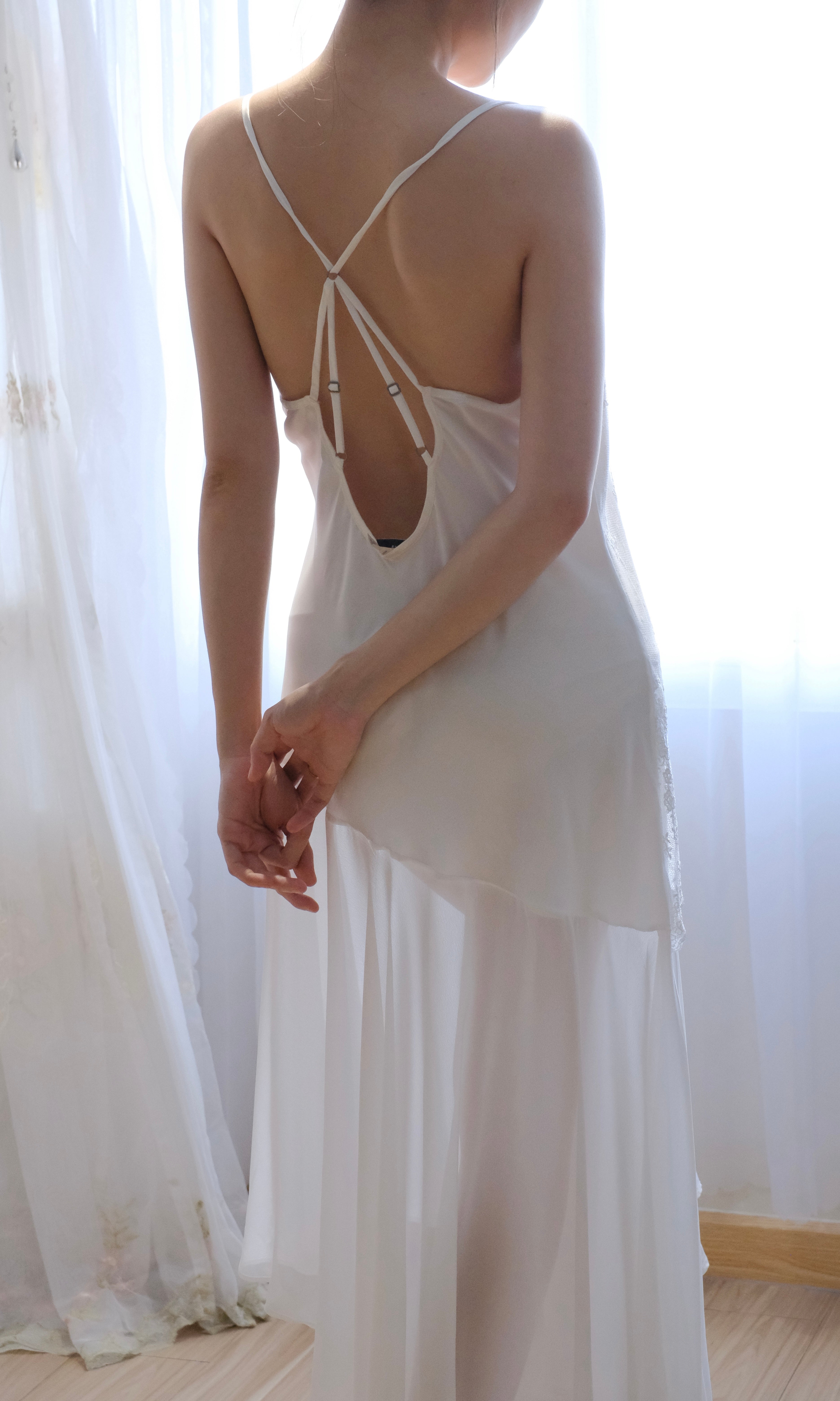 Vintage Delicates Ivory Lace Chiffon Slip Dress Late 90s - Early 2000s (Y2K) ( Large)
